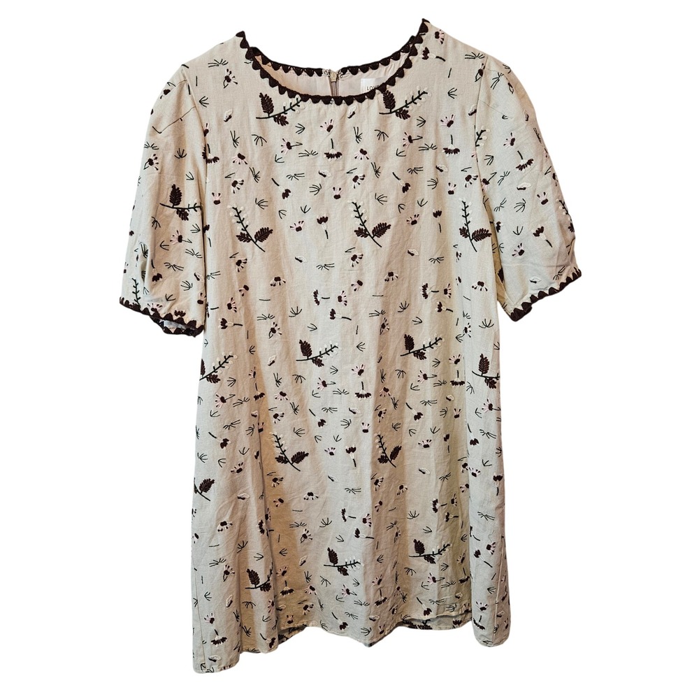 Lovelo Embroidered Floral Shift Dress Cream W Crochet Trim Pockets Womens Medium